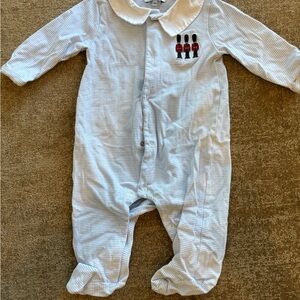 Trotters Blue Striped Footie with Soldier Embroidery